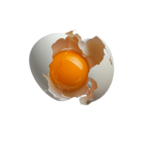 A cracked eggshell reveals a golden yolk and sparkling egg transparent resting on a smooth surface, Cracked egg shell revealing egg yolk and transparent png
