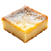 Gooey butter cake slice on a transparent background showcasing its rich texture and sweetness, gooey butter cake isolated on transparent background png