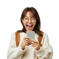 Excited Asian woman joyfully using her smartphone in a bright indoor setting during daytime, Excited Asian woman using mobile smartphone isolated transparent background png