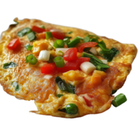 Delicious fried omelette filled with fresh vegetables and spring onions, served on a transparent plate for breakfast, Fried omelette with vegetables and spring onions png