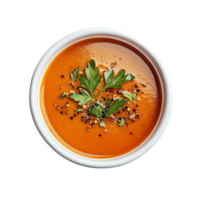 A bowl of rich tomato soup garnished with fresh herbs against a clean transparent background for a comforting meal, view of a delicious soup bowl on transparent background png