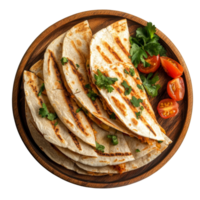 Deliciously grilled quesadilla slices served on a wooden plate with fresh tomatoes and cilantro, quesadilla on wooden plate, top view, isolated transparent background png