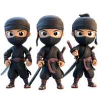 Cartoon ninja characters in action poses on a bright background showcasing their skills and gear, 3D Cartoon Ninja Characters on transparent background png