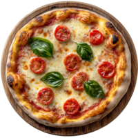 Delicious margherita pizza topped with fresh tomatoes and mozzarella cheese on a wooden board, Isolated margherita pizza with tomato and cheese png