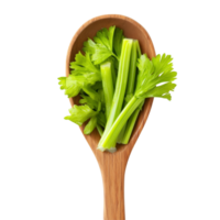 Fresh celery leaves arranged neatly in a wooden spoon isolated against a transparent background for culinary use and presentation, Celery leaves in wood spoon isolated on transparent background png