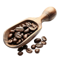 Wooden scoop filled with fresh roasted coffee beans on a transparent surface, Coffee beans on wooden scoop isolated on transparent background png