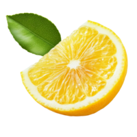 Fresh slice of lemon with green leaf isolated on a clean transparent background for culinary and health uses, Slice of lemon fruit with leaf isolated on transparent background png