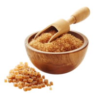 Brown sugar in a wooden bowl with a scoop on a transparent surface, highlighting its natural texture and sweetness, Brown sugar in wood bowl and scoop isolated on transparent background png