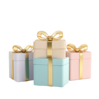 Elegant pastel gift boxes tied with golden ribbons stacked together for special occasions, 3 Gift boxes with golden ribbon 3d render pastel color isolated on transparent background png