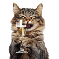 Funny cat enjoying a champagne glass with a playful expression on a transparent background, Funny Cat with Champagne Glass On transparent background Celebration Concept png
