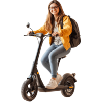 Happy student riding an electric scooter with a backpack in a bright and cheerful environment, file no background Happy student riding an ecofriendly scooter png