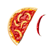 A vibrant chili slice next to a colorful pizza slice on a clean transparent background highlighting bold colors and textures, chili slice on transparent background png