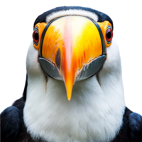 Captivating portrait of a toucan displaying its vibrant colors against a plain transparent background, Toucan face on transparent background png