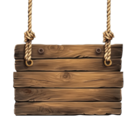 Rustic wooden signboard with hanging ropes perfect for outdoor decoration or signage in natural settings, Rustic Wooden Signboard with Hanging Ropes isolated on transparent background png