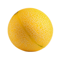 A bright yellow cantaloupe melon isolated against a clean transparent background showcasing its textured rind, yellow cantaloupe melon isolated on transparent background png