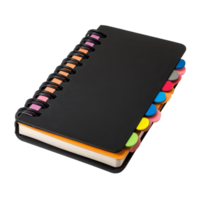 A closed black notebook with colorful tabs rests on a flat surface, showcasing its top view and spiral binding, Closed paper notebook with black coverspiral bindingand colorful tabs png