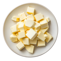 Fresh butter cubes arranged neatly on a simple plate against a clean transparent background, butter in a plate isolated on transparent background png