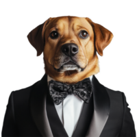 Adorable dog dressed in an elegant tuxedo suit posing against a simple transparent background, Funny Dogs in Formal Attire, elegant suit on transparent background png