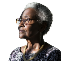 Elegant older black woman gazes thoughtfully while illuminated by soft sunlight indoors, attractive black older woman, file of isolated object with shadow on transparent background png