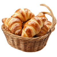 Freshly baked croissants in a wicker basket ready to serve at a local bakery, Freshly Baked Croissants in a Bakery Basket Isolated on transparent background png