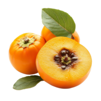 Fresh half ripe persimmons with green leaves on a transparent background for healthy eating and culinary inspiration, fresh half ripe persimmons isolated on transparent background png