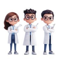 Cartoon student characters wearing lab coats and holding science equipment in a classroom setting, Group of 3D cartoon character student wearing scientific lab coat isolated on transparent background png