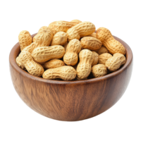 Fresh roasted peanuts in a wooden bowl on a transparent background, perfect for snacking any time of day, Roasted peanuts in wood bowl isolated on transparent background png