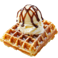 Delicious waffles topped with creamy ice cream and chocolate drizzle for a perfect dessert experience, portion of waffles with ice cream png