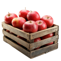 Fresh red apples arranged neatly in a rustic wooden box on a clean transparent background, red apples in wooden boxisolated on transparent background png