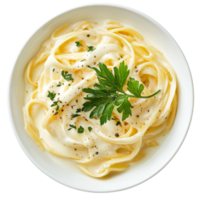 A delicious bowl of fettuccini alfredo with garnish viewed from above, a bowl of fettucini alfredo with garnish, top view, isolated transparent background png