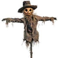 Scary scarecrow standing alone against a transparent background with sharp features and tattered clothing, ready for Halloween, Scary Scarecrow Isolated on transparent background png