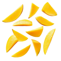 Fresh mango slices arranged on a clean transparent background for a colorful and healthy snack presentation, mango slices on transparent background png