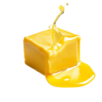 A vibrant cube of butter melting and pooling on a smooth surface, showcasing its rich yellow color in a like setting, Cube butter melting isolated png