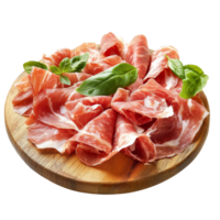 Sliced prosciutto arranged on a wooden plate, garnished with fresh basil leaves against a clean transparent background, Prosciutto on wooden plate isolated on transparent background png