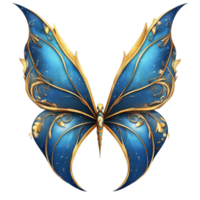 Beautiful blue and gold fairy wings with a sparkling design in a whimsical setting, Blue and Gold Fairy Wings with Sparkling Design, Isolated on transparent background png