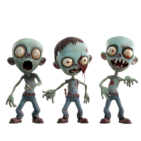 Colorful cartoon zombie characters showcasing unique features against a transparent background, 3D Cartoon Zombie Characters on transparent background png
