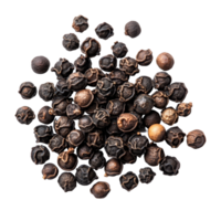 Black peppercorns scattered on a transparent surface showcasing natural texture and rich color variations, Black Peppercorns isolated on transparent background png