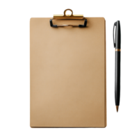 A small brown clipboard with a pen resting beside it on a plain transparent background for writing notes and ideas, Small brown clipboard with pen. Single clipboardwriting board with papers png