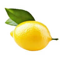 Fresh lemon fruit with vibrant green leaf isolated on a clean transparent background for culinary and health uses, lemon fruit with leaf isolated on transparent background png