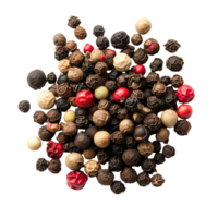 Assorted peppercorns including black, transparent, and pink varieties isolated on a clean background for culinary use, Isolated pile of assorted peppercorns png