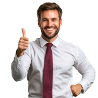 Confident businessman smiling and giving a thumbsup while standing in a neutral setting during daylight, Confident businessman pointing and smiling file no background png