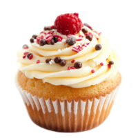 Delicious cupcake topped with frosting, sprinkles, and a raspberry on a pristine transparent background, sweet cupcake an a transparent background png