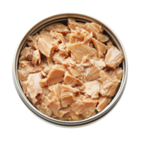 Canned tuna fills a metal container, ready for meals and recipes in a bright, clean setting on a transparent background, canned tuna isolated on transparent background png