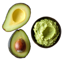 Freshly cut avocado with creamy spread on a light textured surface, Avocado, cut avocado and avocado spread png