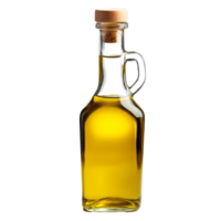 Pure olive oil in a clear glass bottle with a cork stopper, isolated on transparent background for culinary use, Olive oil in a glass bottle isolated png