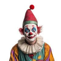 A cheerful clown in colorful costume with a bright red nose against a transparent background, perfect for fun and playful themes, clown isolated on transparent background png