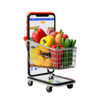 An online grocery shopping app showcasing a mobile device with a shopping cart filled with fresh produce, file no background Online grocery shopping app on smartphone png
