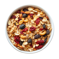 A healthy bowl of muesli with nuts and dried fruits on a clean transparent background ready for breakfast or snack time, muesli in bowl on transparent background png