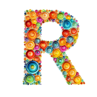Colorful artistic representation of the letter R designed with vibrant spirals and beads on a transparent background, consonant letter r is used to make words on transparent backgroundfile png