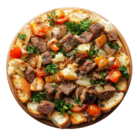 Hearty beef and vegetable dish served on toasted bread in a rustic wooden platter, dish made of bread, beef, and vegetables top view isolated on transparent background png